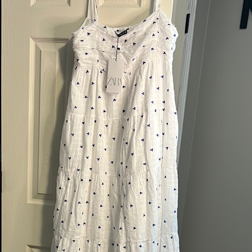 Zara Blue and White Sleeveless Spaghetti Strap Maxi Dress